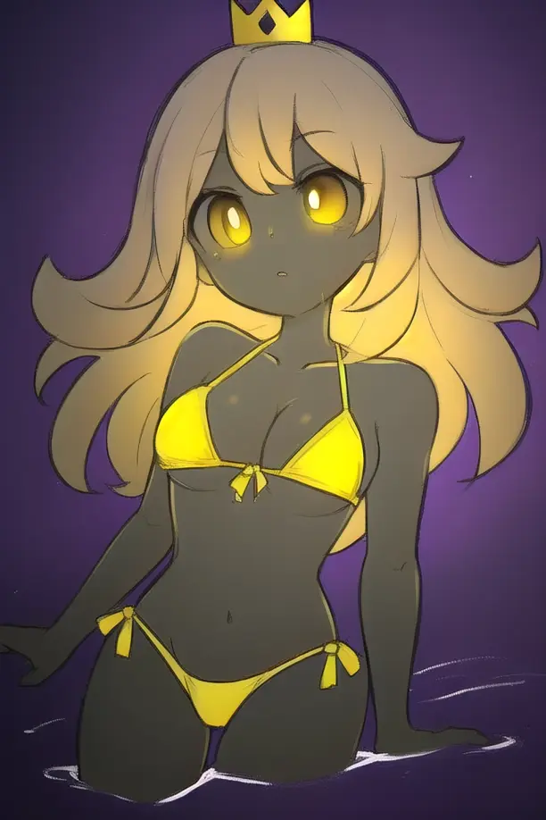 Image breasts,female,yellow_eyes,bikini,water,ocean,ai_generated,blonde_hair,swimsuit,glowing_eyes,:o,princess,pixai,crown,messy_hair,in_water,five_nights_at_freddy's,yellow_bikini,five_nights_at_freddy's:_security_breach,purple_sky,princess_quest_(fnaf)