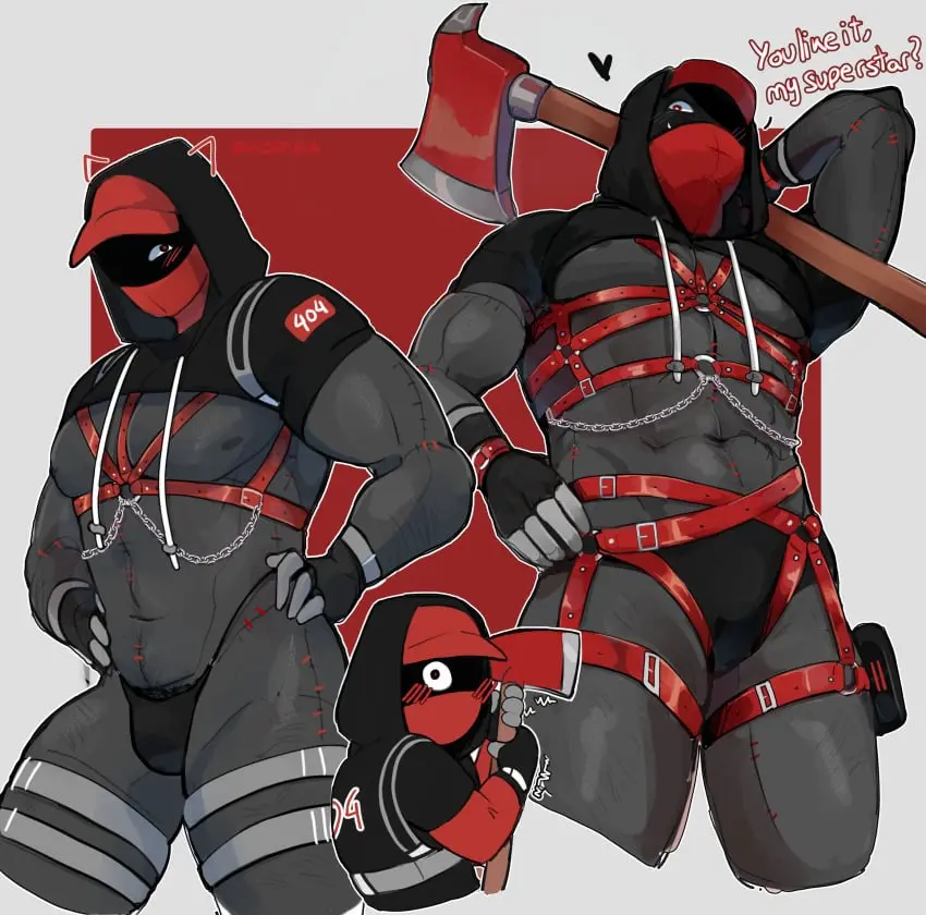Image blush,clothing,looking_at_viewer,red_eyes,solo,1boy,heart-shaped_pupils,male,hat,dark_skin,cat_ears,male_only,yaoi,artist_name,monster,pinup,trembling,pubic_hair,bara,artist_signature,dialogue,heart,thong,solo_male,abs,hood_up,non-human,hoodie,holding_weapon,shadow_face,chains,chibi,body_hair,non-human_only,harness,baseball_cap,black_hoodie,buff,axe,missing_eye,thong_panties,covered_mouth,number,stitched,bondage_harness,shadow_over_eyes,korimart,monsterxmediator,nauseaxe_404