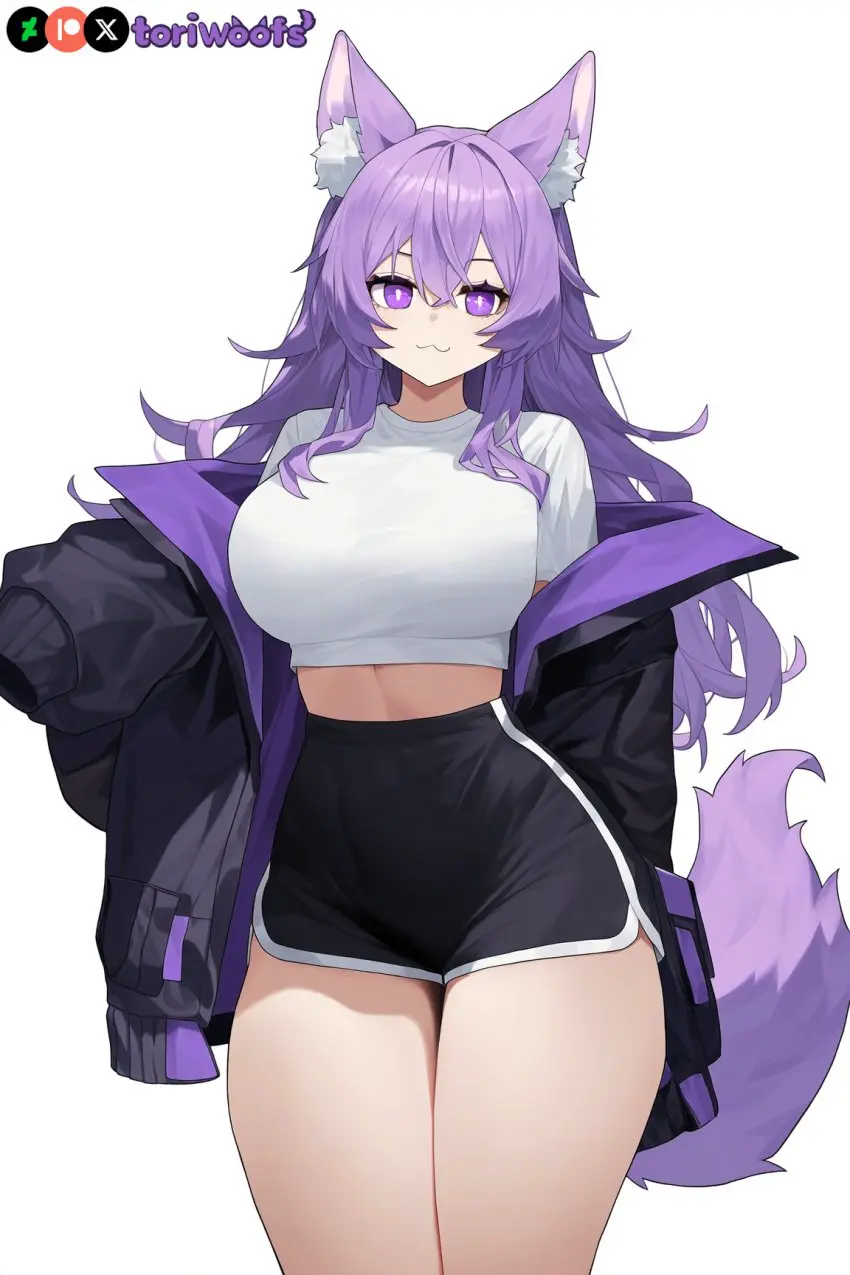 Image 1girls,big_breasts,breasts,female,female_only,highres,light_skin,long_hair,white_background,female_focus,thick_thighs,thighs,wide_hips,patreon_username,watermark,hips,ai_generated,sports_bra,wavy_hair,huge_breasts,kemonomimi,purple_eyes,curvy,purple_hair,cute,jacket,dog_ears,dog_girl,:3,shorts,wolf_ears,huge_boobs,purple_ears,light_skinned_female,doggirl,petgirl,purple_tail,tori,toriwoofs
