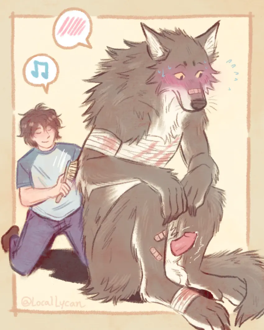 Image blush,hi_res,human,male,penis,duo,embarrassed,male/male,balls,size_difference,anthro,mythology,sitting,genital_fluids,bodily_fluids,canid,canine,canis,genitals,mammal,precum,wolf,half-erect,mythological_canine,mythological_creature,were,werecanid,werecanine,werewolf,bandage,whiskers,4:5,harborsorts