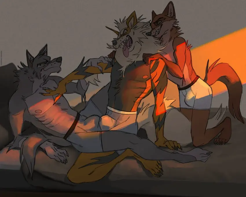 Image clothing, hi_res, nipples, male, pokemon, pokemon_(species), tongue_out, tongue, underwear, disney, male/male, anthro, on_bed, bed, nintendo, bulge, canid, canine, canis, domestic_dog, mammal, wolf, furniture, fox, hybrid, group, trio, crossover, generation_1_pokemon, true_fox, red_fox, universal_studios, nick_wilde, zootopia, balto, balto_(series), wolfdog, arcanine, ksejl