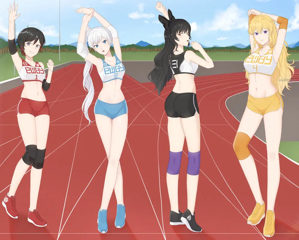 Image female,female_only,human,white_hair,black_hair,multiple_girls,red_hair,blonde_hair,tight_clothing,gym_uniform,rwby,yang_xiao_long,4girls,gym_clothes,ruby_rose,weiss_schnee,gym_shorts,blake_belladonna,team_rwby,seshirukun