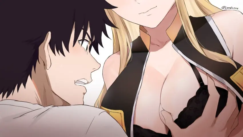 Image 1girls,breasts,female,1boy,male,bra,grabbing_another's_breast,breast_grab,hand_on_breast,black_bra,sentai_daishikkaku,suzukiri_yumeko,duster_(species),fighter_d,footsoldier_d,lendivere