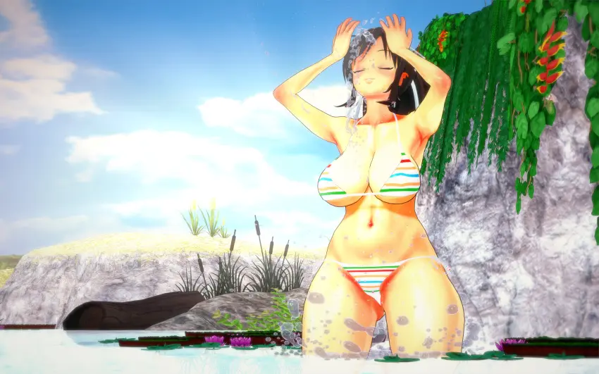 Image big_breasts,breasts,female,thick_thighs,voluptuous,water,voluptuous_female,swimsuit,3d,hourglass_figure,koikatsu,splashing,bathing,in_water,senran_kagura,spring,asuka_(senran_kagura),spidey-dude,water_splash