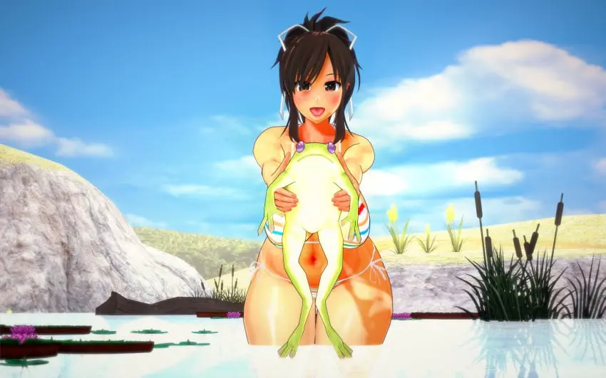 Image big_breasts,breasts,female,looking_at_viewer,smile,thick_thighs,voluptuous,water,happy,voluptuous_female,3d,koikatsu,outside,frog,plants,senran_kagura,spring,asuka_(senran_kagura),spidey-dude,holding_animal