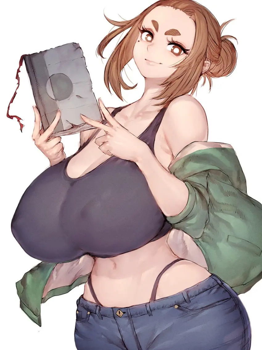 Image 1girls,big_breasts,breasts,brown_eyes,female,female_only,light-skinned_female,light_skin,looking_at_viewer,solo,white_background,colored,wide_hips,cleavage,huge_breasts,mole,brown_hair,mole_under_eye,kaii_to_otome_to_kamikakushi,sumireko_ogawa,fumio_(rsqkr)