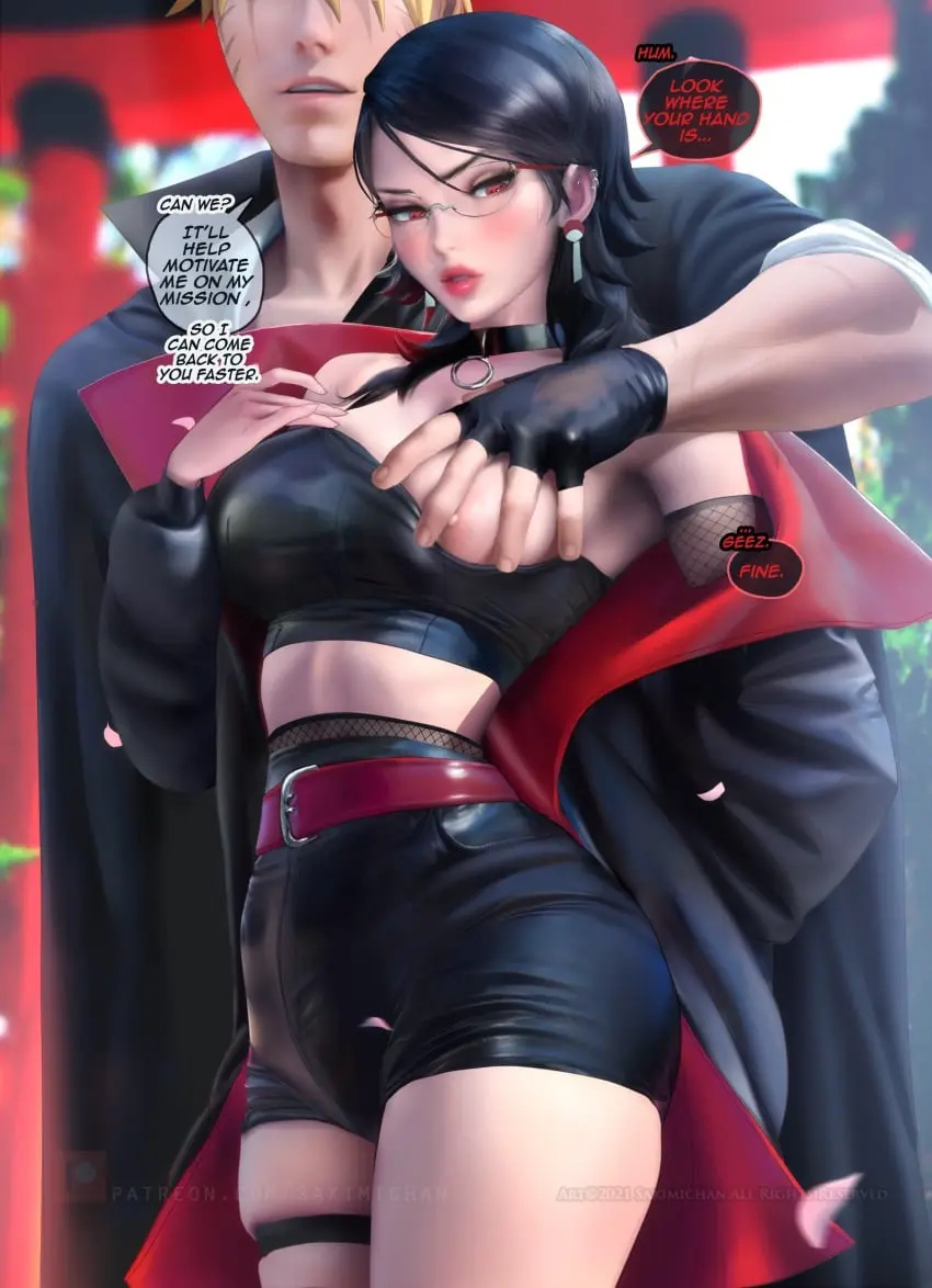Image blush,breasts,female,1boy,black_hair,male,straight,choker,digital_media_(artwork),glasses,male/female,text,tagme,medium_hair,dialogue,grabbing_from_behind,breast_grab,english_text,naruto,naruto_(series),blushing,grabbing_breasts,sarada_uchiha,uzumaki_boruto,boruto:_two_blue_vortex,sharingan,sakimichan