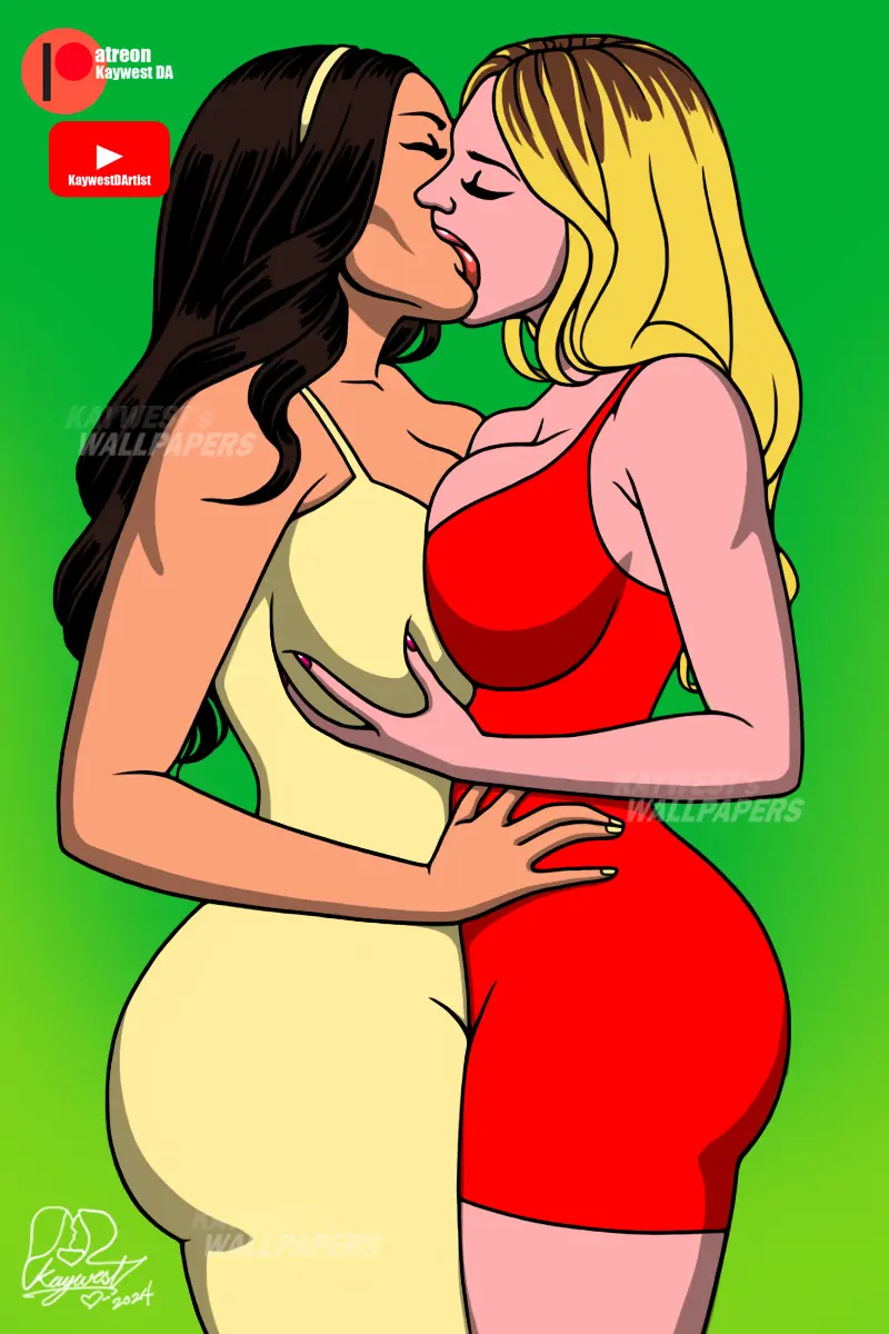 Image breasts,female,female_only,2girls,watermark,huge_breasts,blonde_hair,yuri,breast_grab,kissing,latina,celebrity,deviantart,symmetrical_docking,real_person,source,sydney_sweeney,hand_on_waist,kaywest,salma_hayek