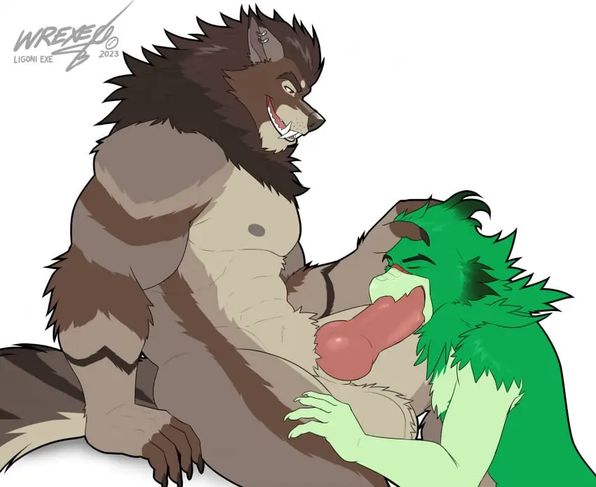 Image 2023,hi_res,nipples,simple_background,white_background,male,oral,penis,big_penis,sex,duo,erection,fellatio,muscular,muscular_male,male/male,teeth,balls,anthro,tan_body,piercing,closed_eyes,canid,canine,canis,fur,genitals,mammal,wolf,muscular_anthro,pecs,fangs,ear_piercing,green_body,avian,bird,brown_fur,penile,animal_genitalia,animal_penis,canine_genitalia,canine_penis,knot,tan_fur,brown_body,green_fur,ligoni