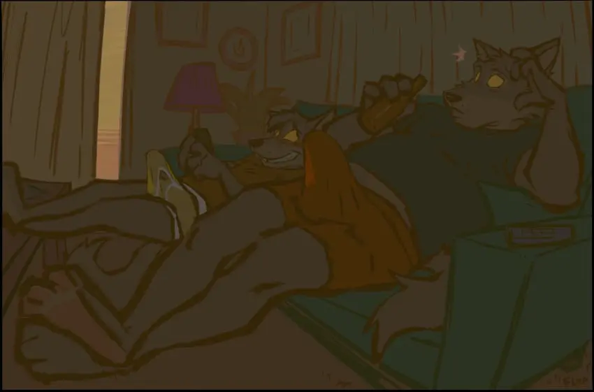 Image 2023,blush,clothed,clothing,hi_res,open_mouth,shirt,smile,male,penis,sweat,tail,lying,underwear,colored,barefoot,duo,erection,feet,embarrassed,male/male,artist_name,digital_drawing_(artwork),digital_media_(artwork),eyebrows,orange_clothing,teeth,hair,size_difference,anthro,text,absurd_res,shocked,sweatdrop,bulge,slightly_chubby,bodily_fluids,canid,canine,canis,curtains,fur,genitals,grey_body,grey_fur,holding_object,inside,mammal,multicolored_body,multicolored_fur,snout,two_tone_body,two_tone_fur,wolf,paws,looking_at_another,orange_shirt,shorts,eye_contact,english_text,black_nose,narrowed_eyes,biped,4_fingers,fingers,window,signature,happy_trail,toes,electronics,furniture,sofa,plant,tuft,topwear,table,detailed_background,phone,erection_under_clothing,cellphone,smartphone,wood,bashful,younger_male,yellow_sclera,bottomwear,pawpads,barely_visible_genitalia,parent_(lore),body_hair,raised_eyebrows,tenting,mature_male,3_toes,age_difference,older_male,beverage,container,plantigrade,father_(lore),father_and_child_(lore),parent_and_child_(lore),lamp,barely_visible_penis,reclining,bottle,yellow_clothing,facial_tuft,plant_pot,clock,cheek_tuft,crossed_ankles,feet_on_table,grey_tail,head_on_hand,holding_container,holding_bottle,father_and_son_(lore),parent_and_son_(lore),son_(lore),potted_plant,picture_frame,grey_eyebrows,yellow_underwear,belly_hair,orange_shorts,wood_furniture,wood_table,orange_topwear,tv_remote,orf,analog_clock,coffee_table,eddie_(orf),orange_bottomwear,reclining_on_sofa,sam_(orf),wall_clock