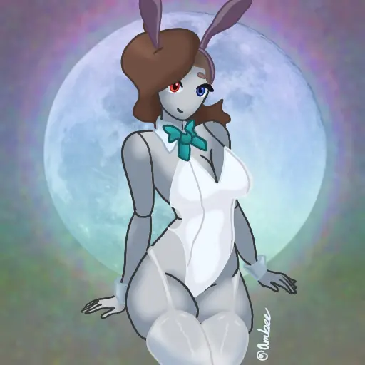 Image breasts,clothed,female,female_only,looking_at_viewer,blue_eyes,thick_thighs,shaded,brown_hair,bunny_ears,moon,grey_body,playboy_bunny,cosplay,moonlight,costume,moon_background,squished_thigh,white_garter_straps