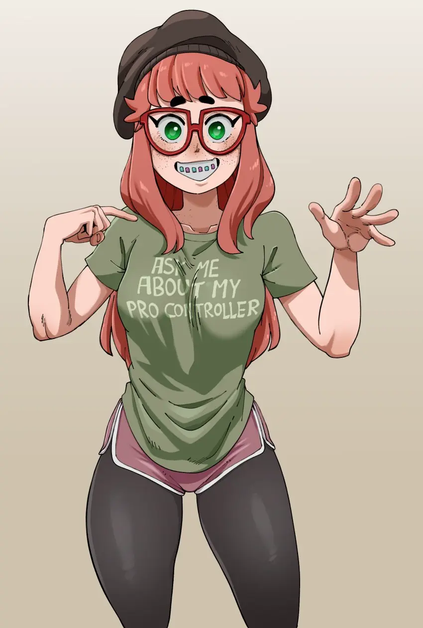 Image 1girls,female,long_hair,looking_at_viewer,red_hair,freckles,eyelashes,happy,glasses,text,green_eyes,shorts,legwear,gamer_girl,red_glasses,beanie,pantyhose,clavicle,pointing_at_self,brown_pantyhose,nuclearwasabi,cosmica_(nuclearwasabi)