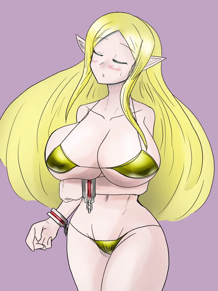 Image big_breasts,breasts,female,large_breasts,long_hair,simple_background,solo,bikini,wide_hips,hips,solo_female,huge_breasts,blonde_hair,swimsuit,pointy_ears,string_bikini,elf_ears,disgaea,nippon_ichi_software,cleric_(disgaea),nori_(pixiv4205971)