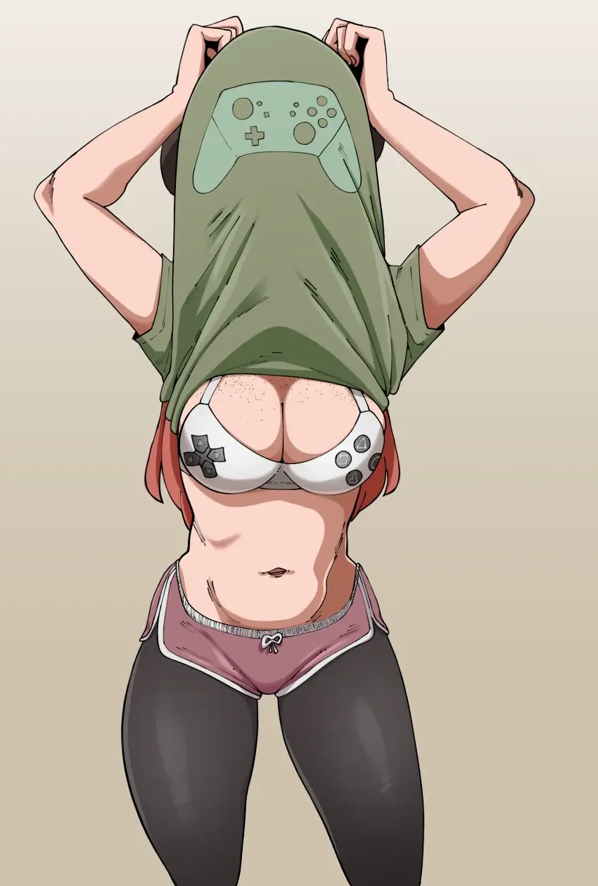 Image 1girls,breasts,female,long_hair,looking_at_viewer,navel,red_hair,freckles,cleavage,eyelashes,happy,glasses,text,green_eyes,medium_breasts,lifted_by_self,shirt_lift,shorts,legwear,gamer_girl,red_glasses,beanie,pantyhose,clavicle,pointing_at_self,buttons,green_shirt,brown_pantyhose,nuclearwasabi,print_shirt,cosmica_(nuclearwasabi)