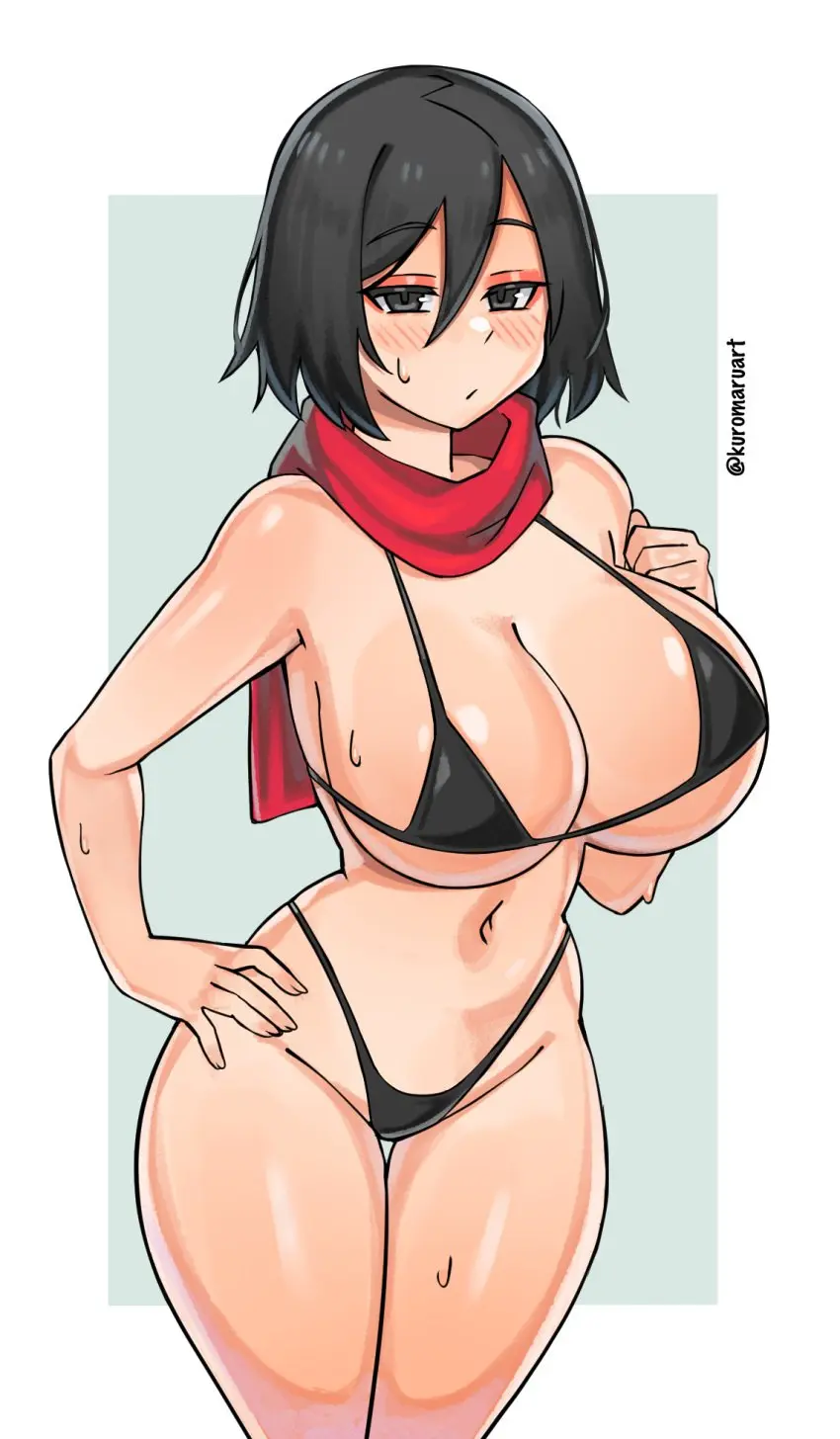 Image 1girls,breasts,female,female_only,large_breasts,light-skinned_female,light_skin,looking_at_viewer,solo,black_hair,sweat,bikini,thighs,wide_hips,swimsuit,black_eyes,high_resolution,scarf,attack_on_titan,shingeki_no_kyojin,mikasa_ackerman,kuromaruart