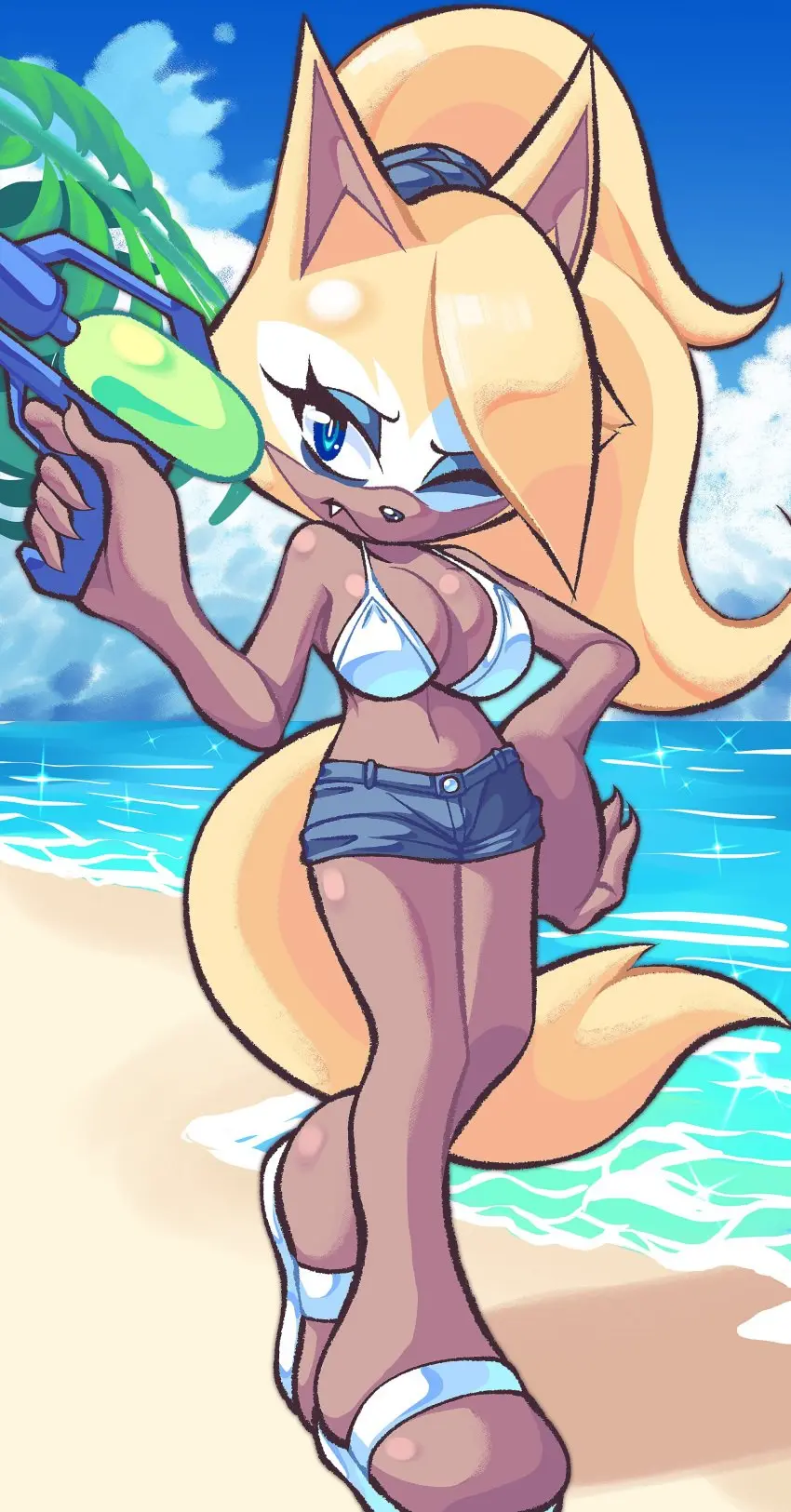Image 1girls,breasts,female,female_only,hi_res,solo,blue_eyes,navel,furry,ponytail,areolae,beach,feet,ocean,solo_female,white_bra,anthro,blonde_hair,one_eye_closed,tied_hair,tanned_skin,outdoors,claws,white_bikini,sega,sonic_(series),sonic_the_hedgehog_(series),furry_only,brown_fur,sandals,denim,brown_skin,featureless_feet,sonic_the_hedgehog_(idw),denim_shorts,seaside,sonic_the_hedgehog_(comics),white_bikini_top,whisper_the_wolf,water_gun,no_toes,blob_feet,nan0lovesyou,toeless_feet