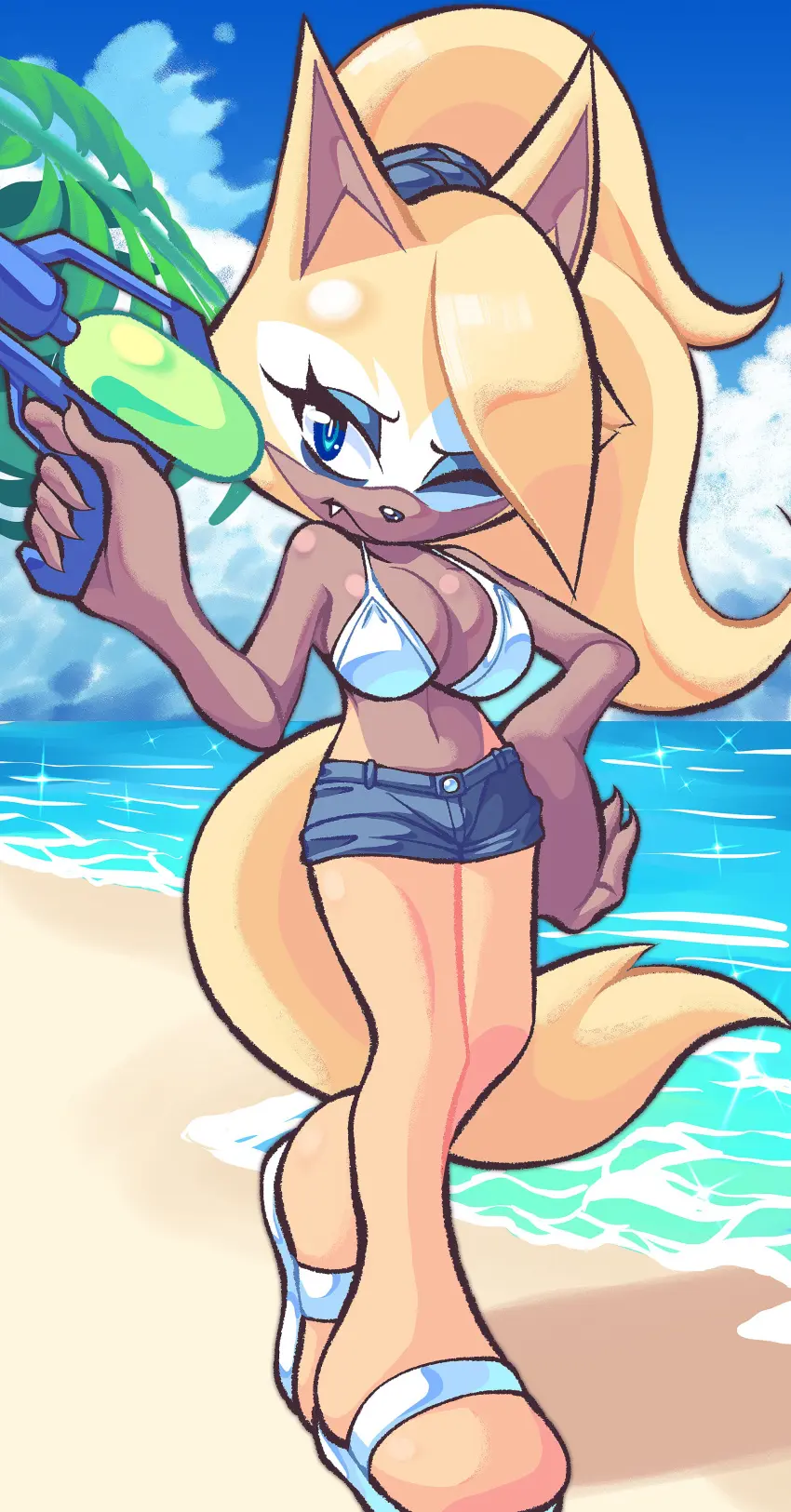 Image 1girls,breasts,female,female_only,hi_res,solo,blue_eyes,navel,furry,ponytail,areolae,beach,feet,ocean,solo_female,white_bra,anthro,blonde_hair,one_eye_closed,tied_hair,tanned_skin,outdoors,claws,yellow_fur,white_bikini,sega,sonic_(series),sonic_the_hedgehog_(series),furry_only,brown_fur,sandals,third-party_edit,denim,brown_skin,featureless_feet,sonic_the_hedgehog_(idw),denim_shorts,seaside,sonic_the_hedgehog_(comics),white_bikini_top,whisper_the_wolf,water_gun,no_toes,blob_feet,nan0lovesyou,toeless_feet,yellow_legs