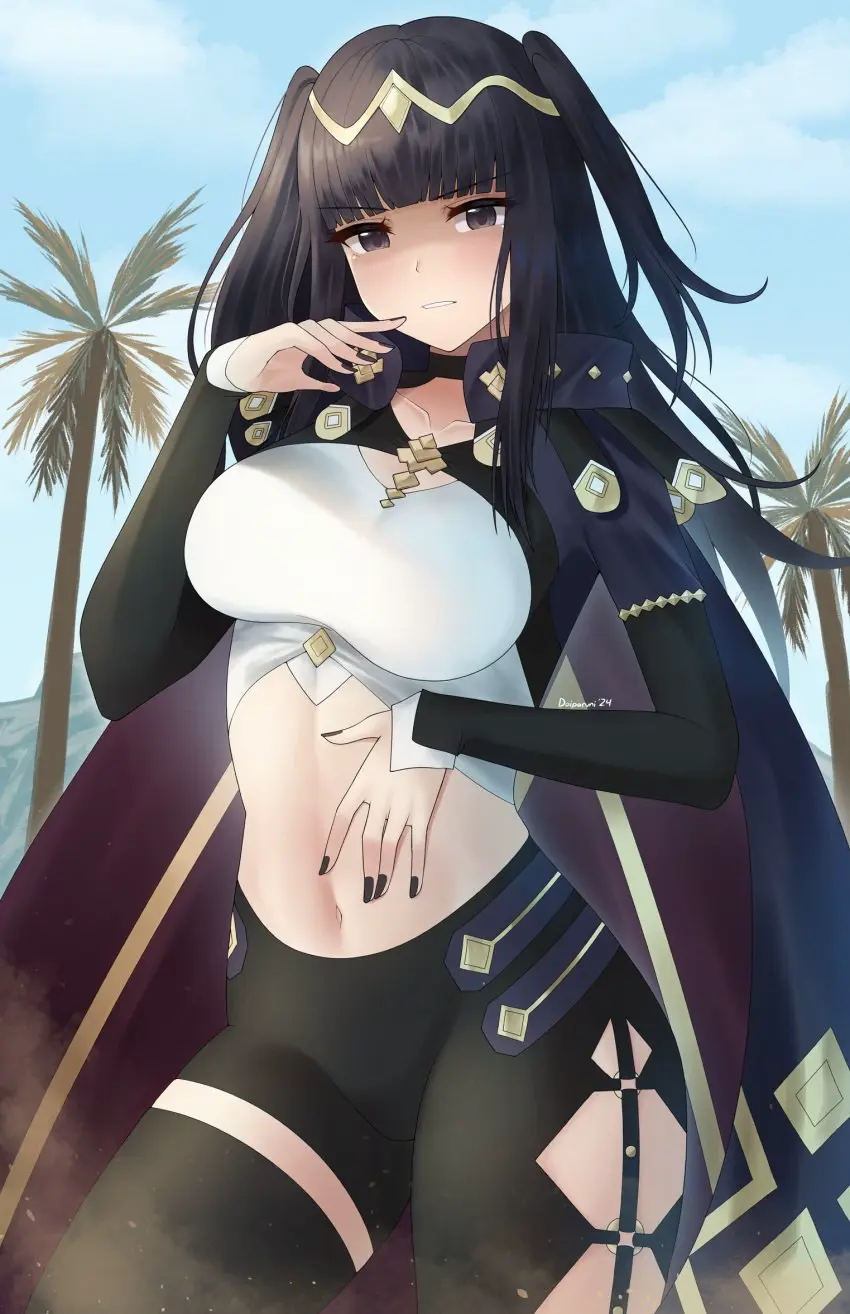 Image 1girls,breasts,cowboy_shot,female,female_only,highres,large_breasts,long_hair,long_sleeves,looking_at_viewer,pants,solo,standing,very_long_hair,black_hair,blunt_bangs,navel,thighhighs,sky,midriff,nail_polish,cloud,nintendo,black_eyes,cape,alternate_costume,stomach,fire_emblem,fire_emblem_awakening,tree,single_thighhigh,black_nails,blue_sky,day,crop_top,fire_emblem_engage,leggings,black_pants,black_thighhighs,two_side_up,tharja_(fire_emblem),hand_up,black_cape,doiparuni