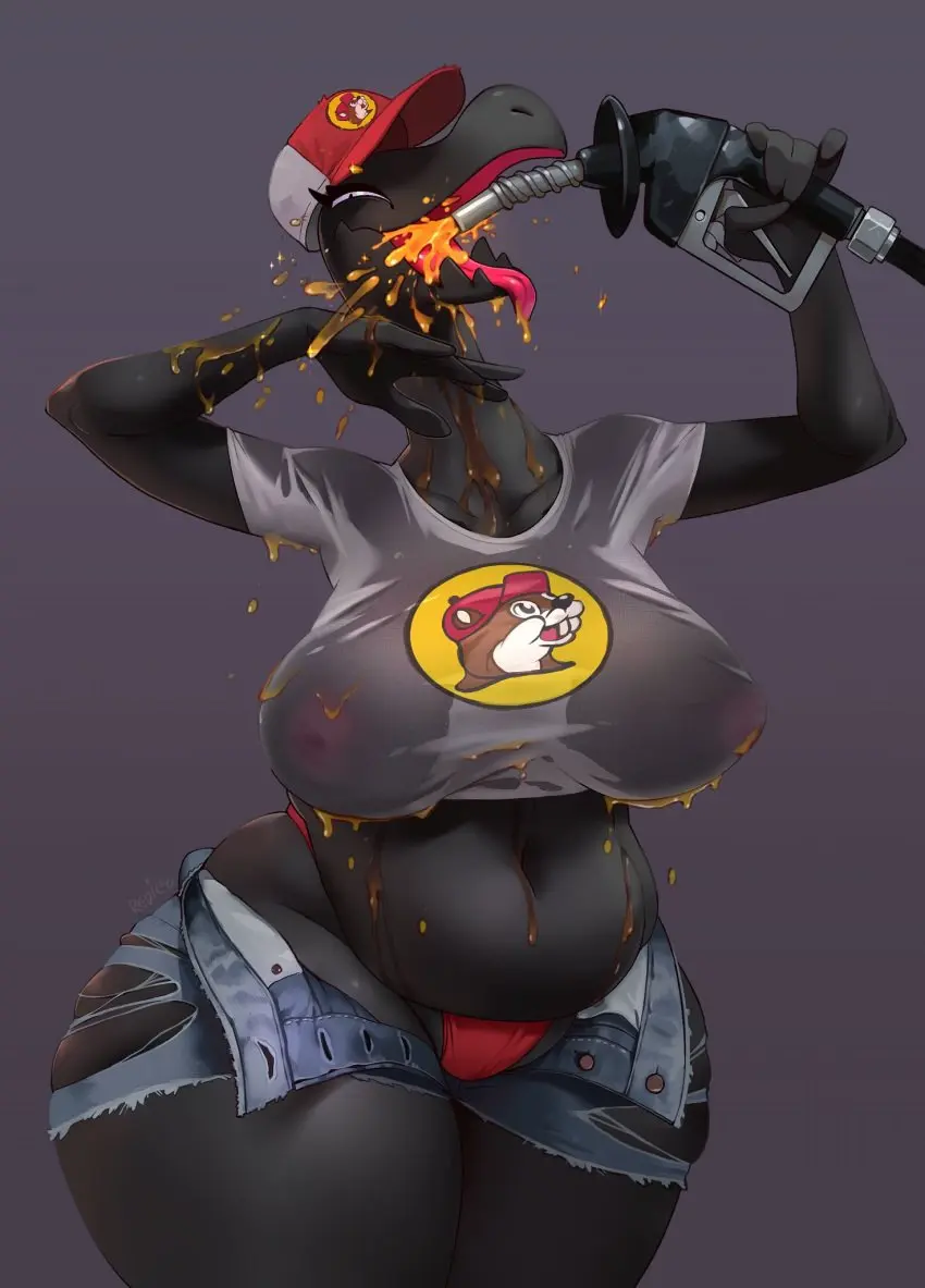 Image 2023,big_breasts,breasts,clothed,clothing,female,hi_res,nipples,pants,simple_background,smile,solo,navel,pokemon,pokemon_(species),tongue_out,tongue,underwear,hat,thick_thighs,headwear,wide_hips,headgear,anthro,wet,nintendo,inverted_nipples,slightly_chubby,black_body,shorts,partially_clothed,5_fingers,thong,puffy_nipples,reptile,scalie,dripping,fingers,logo,denim,torn_clothing,messy,bottomwear,open_clothing,drinking,generation_7_pokemon,open_bottomwear,open_pants,salazzle,wet_clothing,cutoffs,denim_bottomwear,denim_clothing,torn_bottomwear,gas_pump,buc-ee's,gasoline,pouring_onto_self,redic-nomad