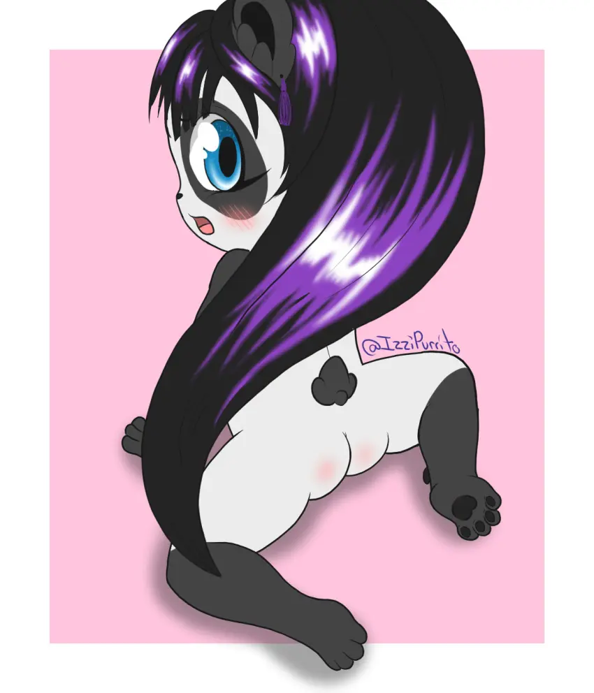 Image blush,female,hi_res,looking_at_viewer,black_hair,blue_eyes,nude,tail,ass,looking_back,humanoid,hair,anthro,mammal,rear_view,bear,markings,short_tail,pawpads,highlights_(coloring),giant_panda,black_and_white_fur,tassels,ych_(character),izzipurrito