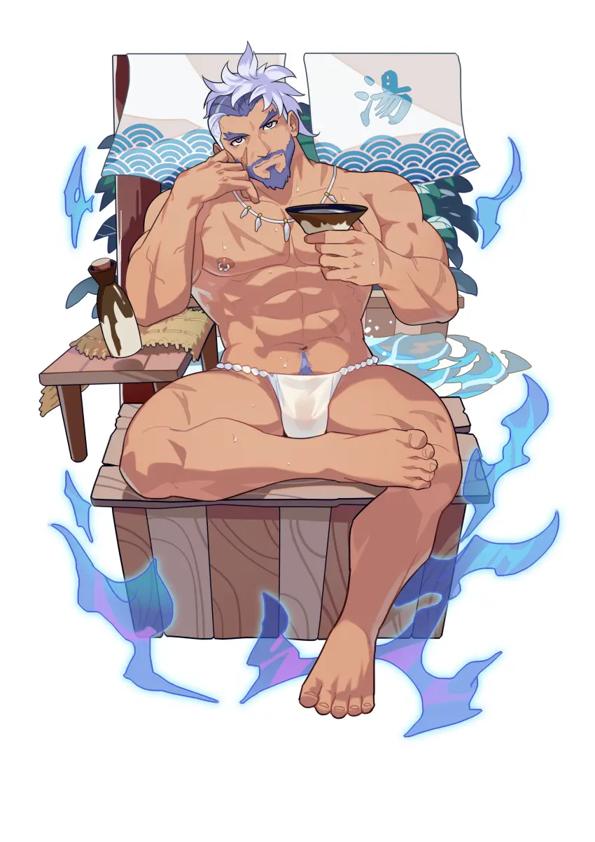 Image looking_at_viewer,nipples,male,muscular,muscular_male,male_only,yaoi,pubic_hair,bara,bulge,fundoshi,japanese_clothing,male_nipples,penis_outline,male_pubic_hair,beard,crrispy,crrispy_shark,vyron_(world_flipper),world_flipper