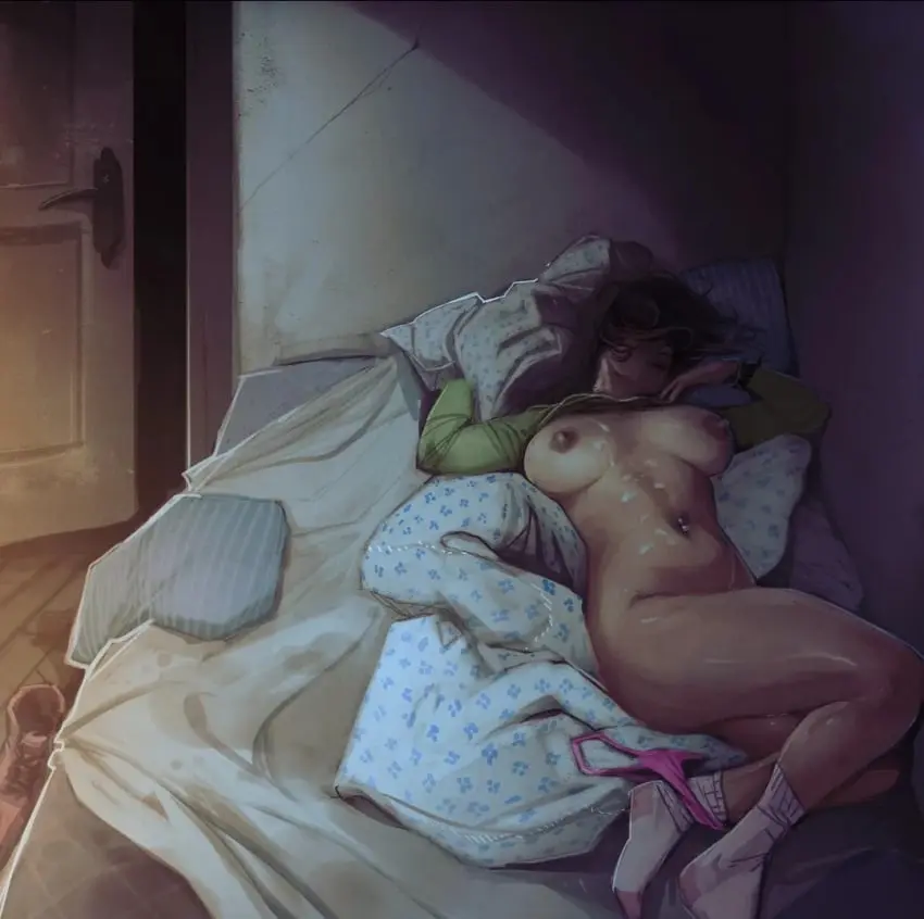 Image big_breasts,breasts,female,artist_request,brown_hair,lying_on_bed,cum_on_body,rape,sleeping,pink_panties,panties_around_one_leg,after_rape,lying_on_back