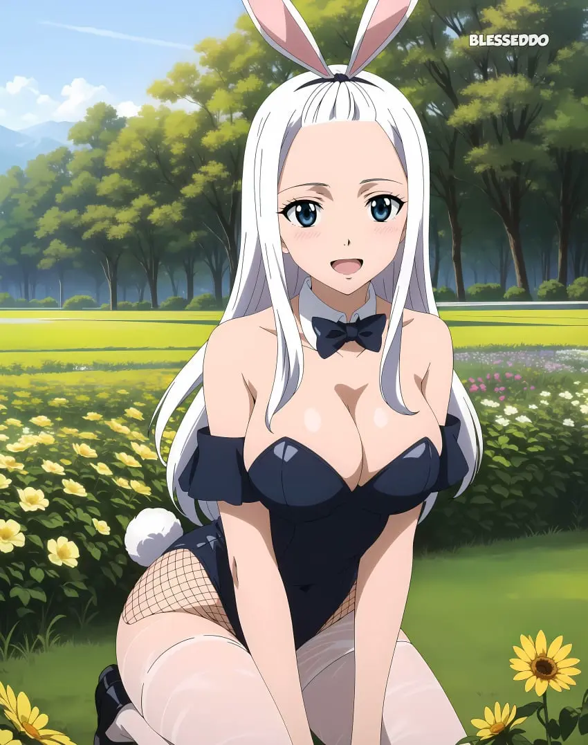 Image 1girls,female,long_hair,looking_at_viewer,solo,white_hair,blue_eyes,thighhighs,thighs,ai_generated,cleavage,bunny_ears,bunny_tail,playboy_bunny,fairy_tail,mirajane_strauss,blesseddo