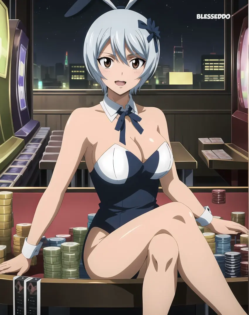Image 1girls,female,grey_hair,looking_at_viewer,solo,white_hair,short_hair,ai_generated,cleavage,tagme,leotard,boob_window,fairy_tail,yukino_aguria,blesseddo