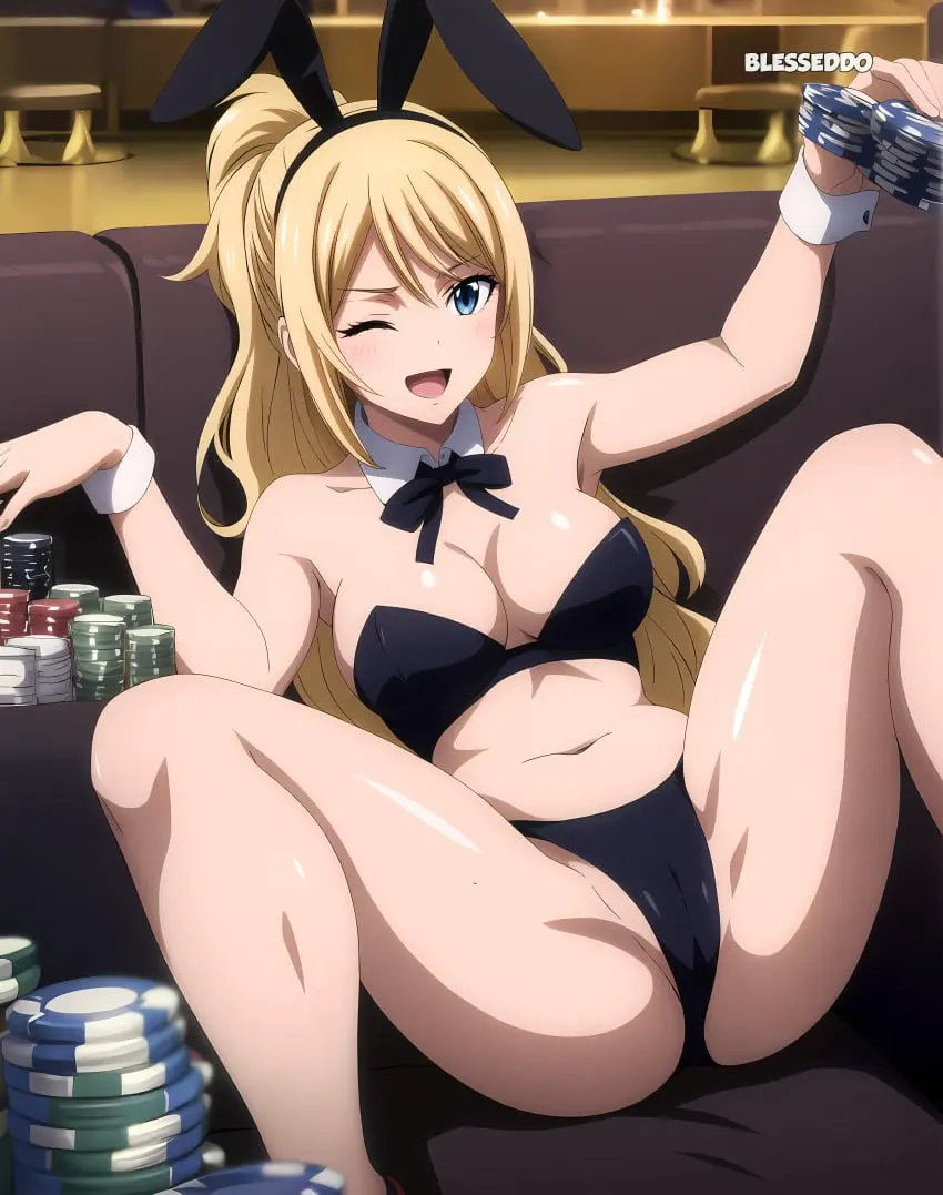 Image 1girls,female,long_hair,looking_at_viewer,solo,blue_eyes,ponytail,ai_generated,cleavage,blonde_hair,bunny_ears,legs_apart,boob_window,fairy_tail,jenny_realight,blesseddo