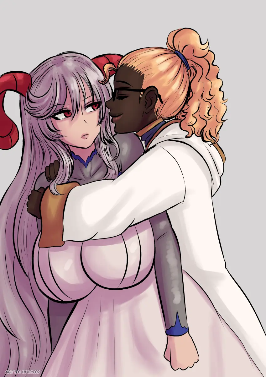 Image breasts,female,female_only,grey_hair,smile,very_long_hair,2girls,multiple_girls,ponytail,dark_skin,interracial,horns,orange_hair,glasses,huge_breasts,blonde_hair,original,closed_eyes,dark-skinned_female,medium_hair,expressionless,yuri,fire_emblem,fire_emblem_heroes,bodystocking,questionable_consent,hug,very_dark_skin,kiran_(fire_emblem),freyja_(fire_emblem),umeyiyo,kiran_(fire_emblem)_(female),malena_(umeyiyo)