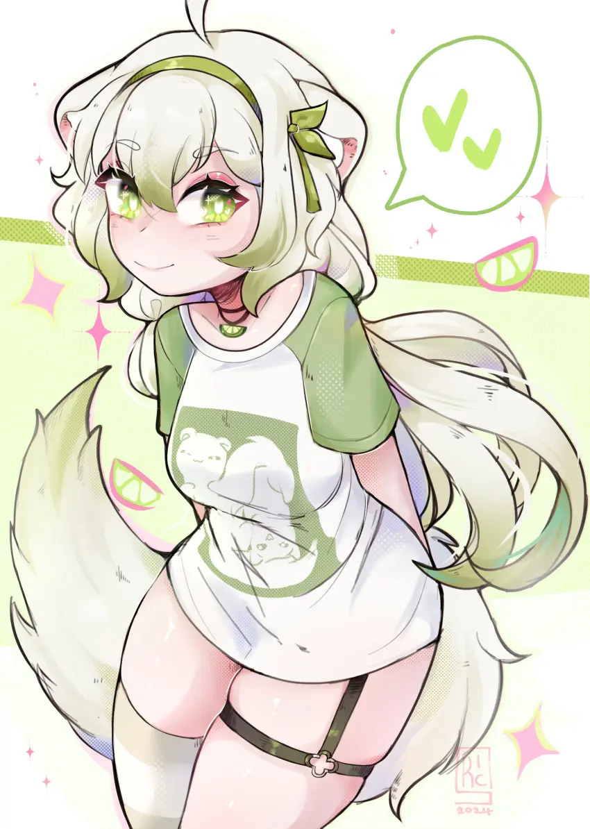Image 1girls,breasts,female,solo,white_hair,animal_ears,multicolored_hair,virtual_youtuber,green_eyes,indie_virtual_youtuber,vinesauce,green_highlights,lime,ferret,ferret_girl,laimu