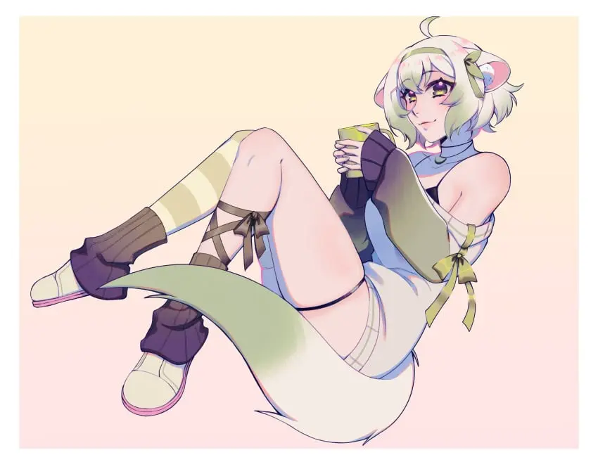 Image 1girls,breasts,female,solo,white_hair,animal_ears,multicolored_hair,virtual_youtuber,green_eyes,indie_virtual_youtuber,vinesauce,green_highlights,lime,ferret,ferret_girl,laimu