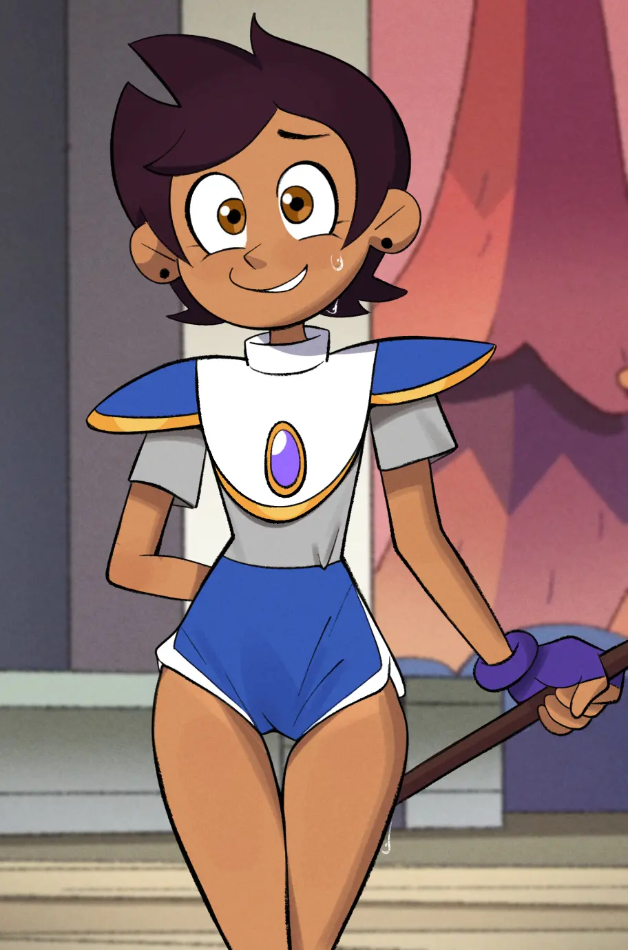 Image brown_eyes,female,looking_at_viewer,solo,sweat,earrings,sportswear,clothed_female,brown_hair,dark-skinned_female,fingerless_gloves,nervous_smile,nervous_sweat,the_owl_house,luz_noceda,newguy1091,tight_shorts
