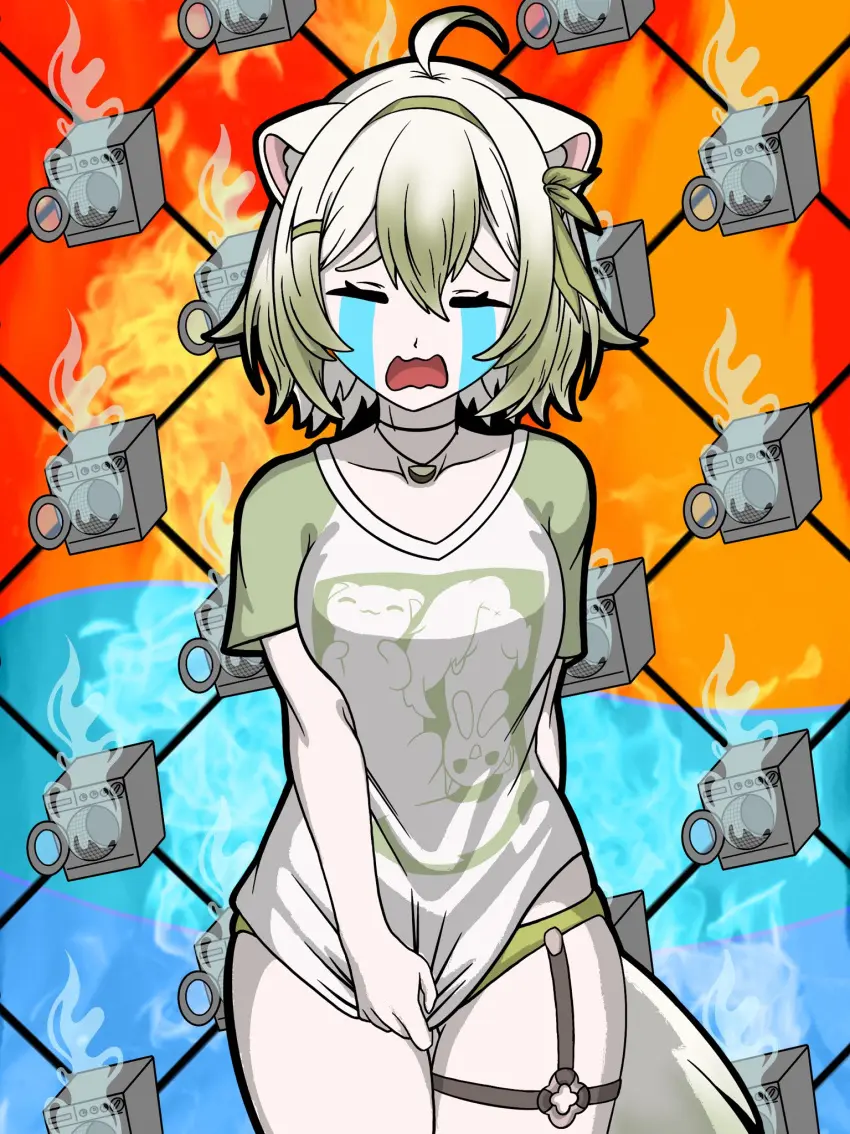 Image 1girls,breasts,female,solo,white_hair,animal_ears,multicolored_hair,virtual_youtuber,green_eyes,indie_virtual_youtuber,vinesauce,wardrobe_malfunction,green_highlights,lime,ferret,ferret_girl,laimu