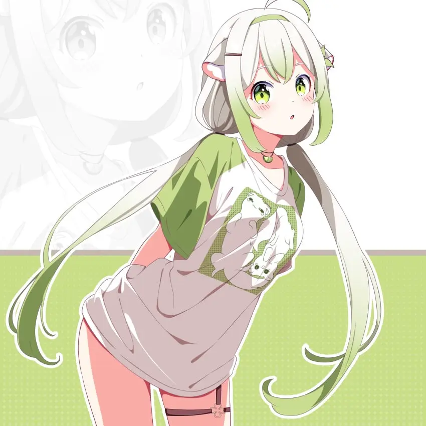 Image 1girls,breasts,female,solo,white_hair,animal_ears,multicolored_hair,virtual_youtuber,green_eyes,indie_virtual_youtuber,vinesauce,green_highlights,lime,ferret,ferret_girl,laimu,rojogawnina