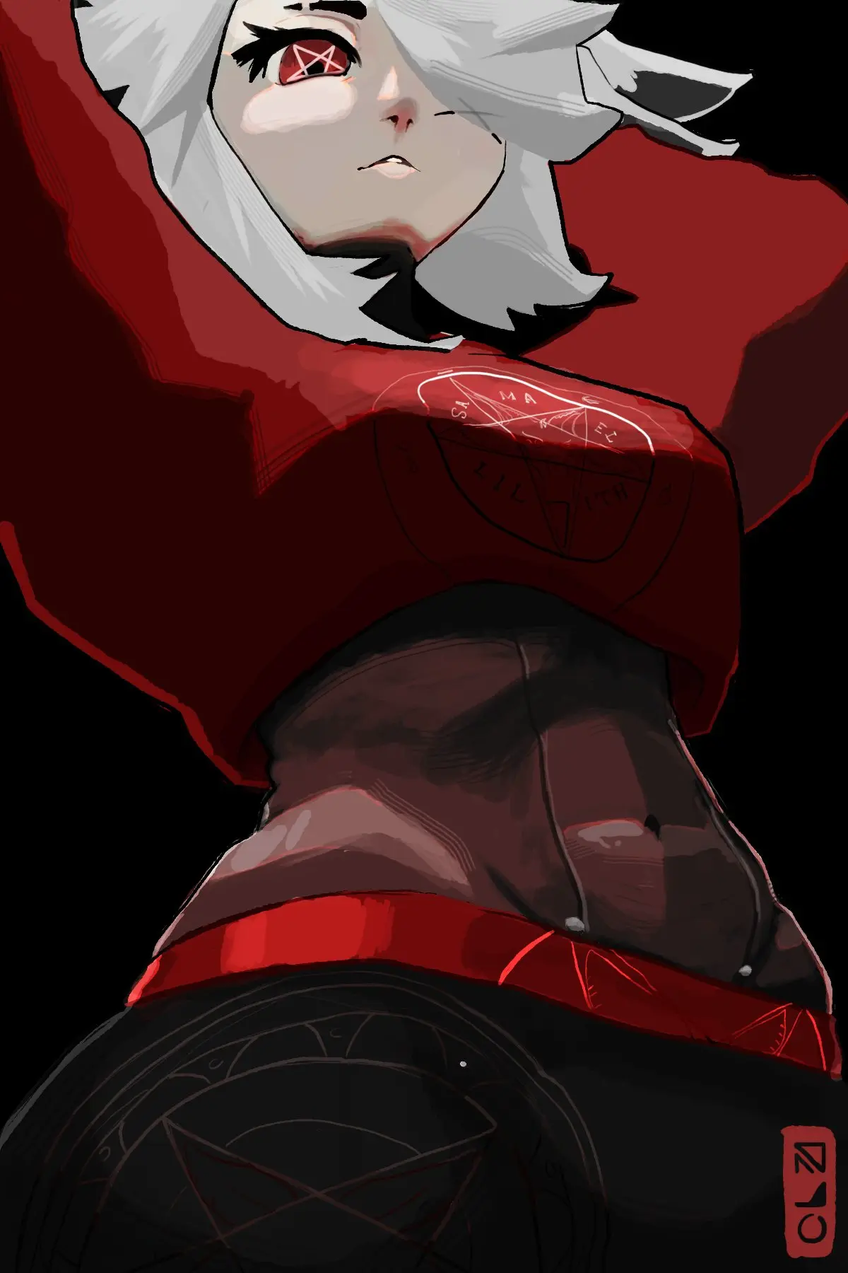 Image female,looking_at_viewer,red_eyes,white_hair,virtual_youtuber,fox_ears,vyugen,skin_tight,face_markings,dya_rikku_(vtuber)