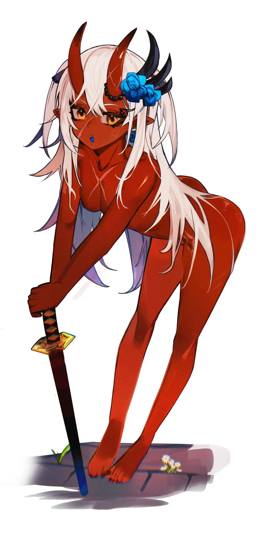 Image female,white_hair,yellow_eyes,virtual_youtuber,horns,red_skin,scars,akumi,oni,oni_horns,vyugen