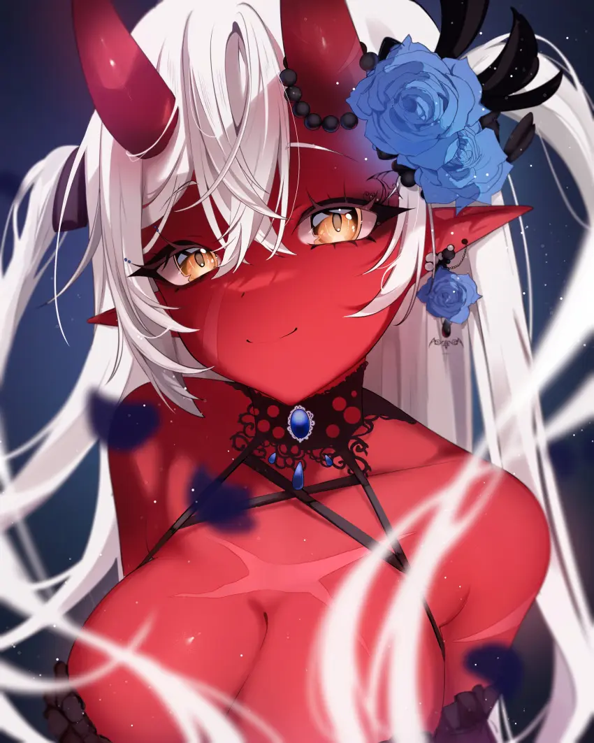 Image female,white_hair,yellow_eyes,virtual_youtuber,horns,red_skin,scars,akumi,oni,oni_horns,vyugen
