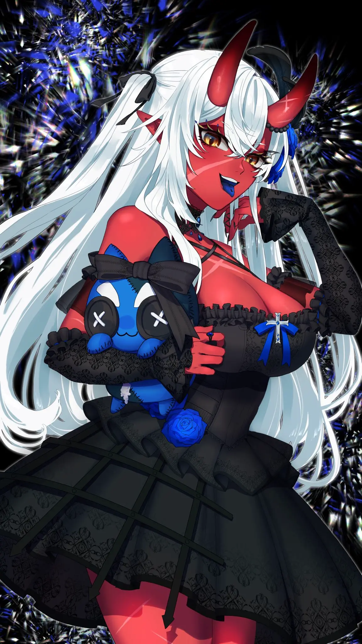 Image female,white_hair,yellow_eyes,virtual_youtuber,horns,red_skin,scars,akumi,oni,oni_horns,vyugen