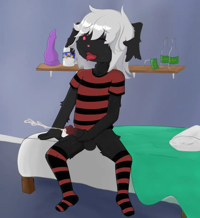Image clothed,clothing,hi_res,open_mouth,simple_background,smile,solo,male,nude,penis,tongue,erection,digital_media_(artwork),balls,hair,anthro,genital_fluids,masturbation,bodily_fluids,footwear,fur,genitals,mammal,sex_toy,black_body,dildo,legwear,thigh_highs,penile,lagomorph,leporid,rabbit,beer,beverage,penile_masturbation,alcohol,kae_(koredex),koredex,totin746