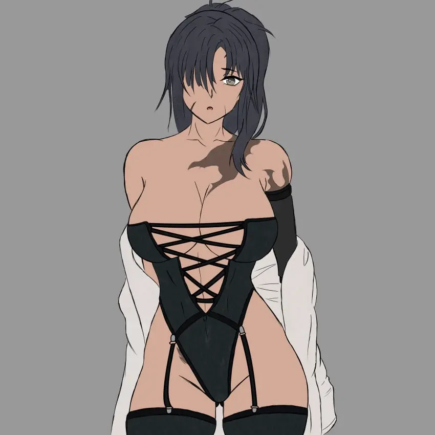 Image breasts,female,highres,large_breasts,long_hair,looking_at_viewer,shirt,solo,absurdres,black_hair,thighhighs,underwear,ass,hair_over_one_eye,bare_shoulders,cleavage,collarbone,lingerie,ass_visible_through_thighs,girls'_frontline,scar,scar_on_face,angelia_(girls'_frontline),elite_snakeeyes