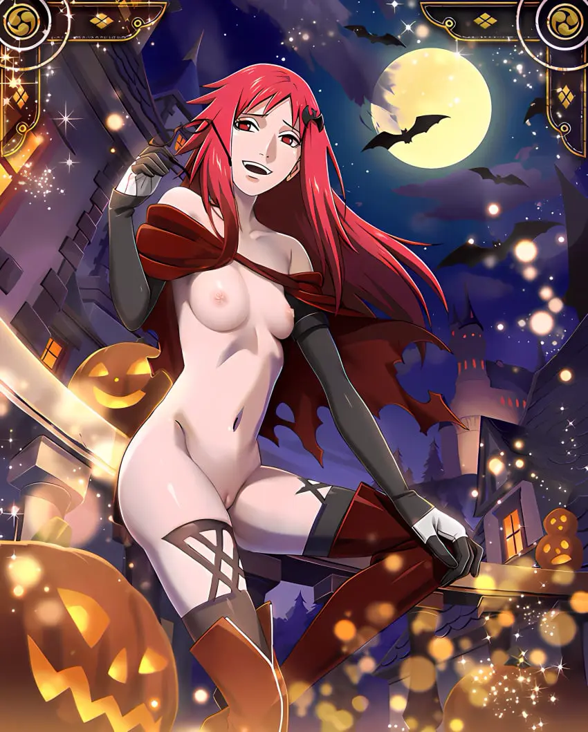 Image 1girls,cowboy_shot,female,female_only,light-skinned_female,light_skin,red_eyes,solo,nude,thighhighs,red_hair,accessory,solo_focus,eyewear,glasses,nude_female,completely_nude,stockings,pinup,completely_nude_female,full_moon,moon,night,vampire,holding_object,cape,naruto,naruto_(series),naruto_shippuden,edit,matching_hair/eyes,boots,functionally_nude,third-party_edit,costume,bat,official_art,thigh_boots,nude_edit,nude_filter,pumpkin,uzumaki_karin,outfit,pumpkin_head,glasses_removed,eyewear_removed,hiroto,holding_eyewear,vampire_costume