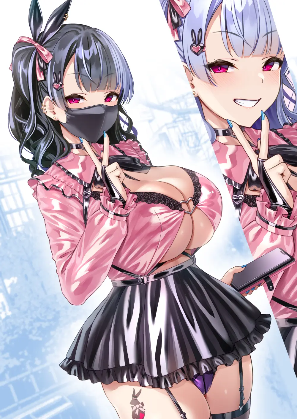 Image blush,breasts,female,female_only,highres,large_breasts,long_hair,looking_at_viewer,smile,solo,black_hair,blue_hair,elbow_gloves,gloves,thighhighs,panties,underwear,virtual_youtuber,cleavage,tattoo,huge_breasts,pink_eyes,nail_polish,skirt,revealing_clothes,leg_tattoo,side_ponytail,skimpy_clothes,microskirt,fully_clothed,painted_nails,long_fingernails,phone,cellphone,smartphone,mask,mouth_mask,long_nails,satou_kuuki,painted_fingernails,shiny_clothes,bodycon,tama_project,usagi_hinamiya