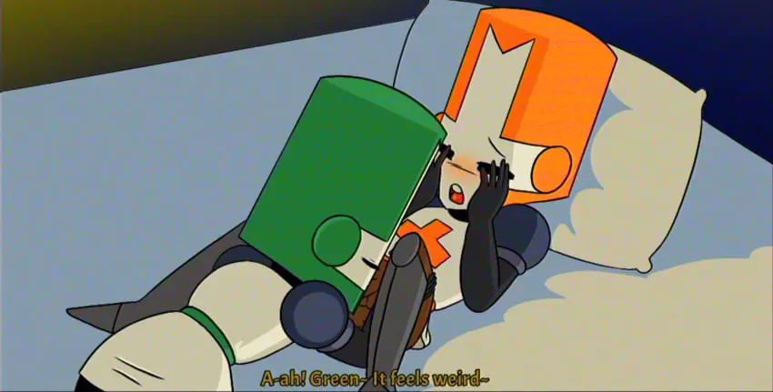 Image clothed,male,penis,male_only,black_skin,toony,sucking_penis,newgrounds,retro_artstyle,big_head,indoors_sex,friends_with_benefits,castle_crashers,green_knight,orange_knight