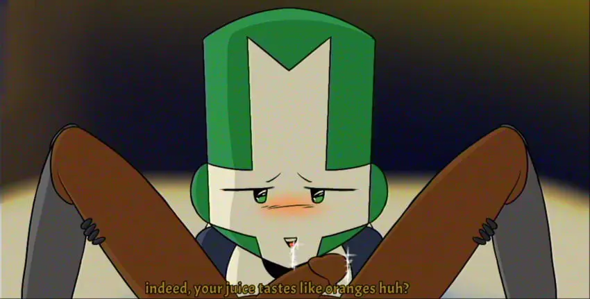 Image blush,clothed,cum_in_mouth,male,male_only,gay,blowjob,black_skin,toony,sparkles,newgrounds,retro_artstyle,big_head,indoors_sex,friends_with_benefits,castle_crashers,green_knight