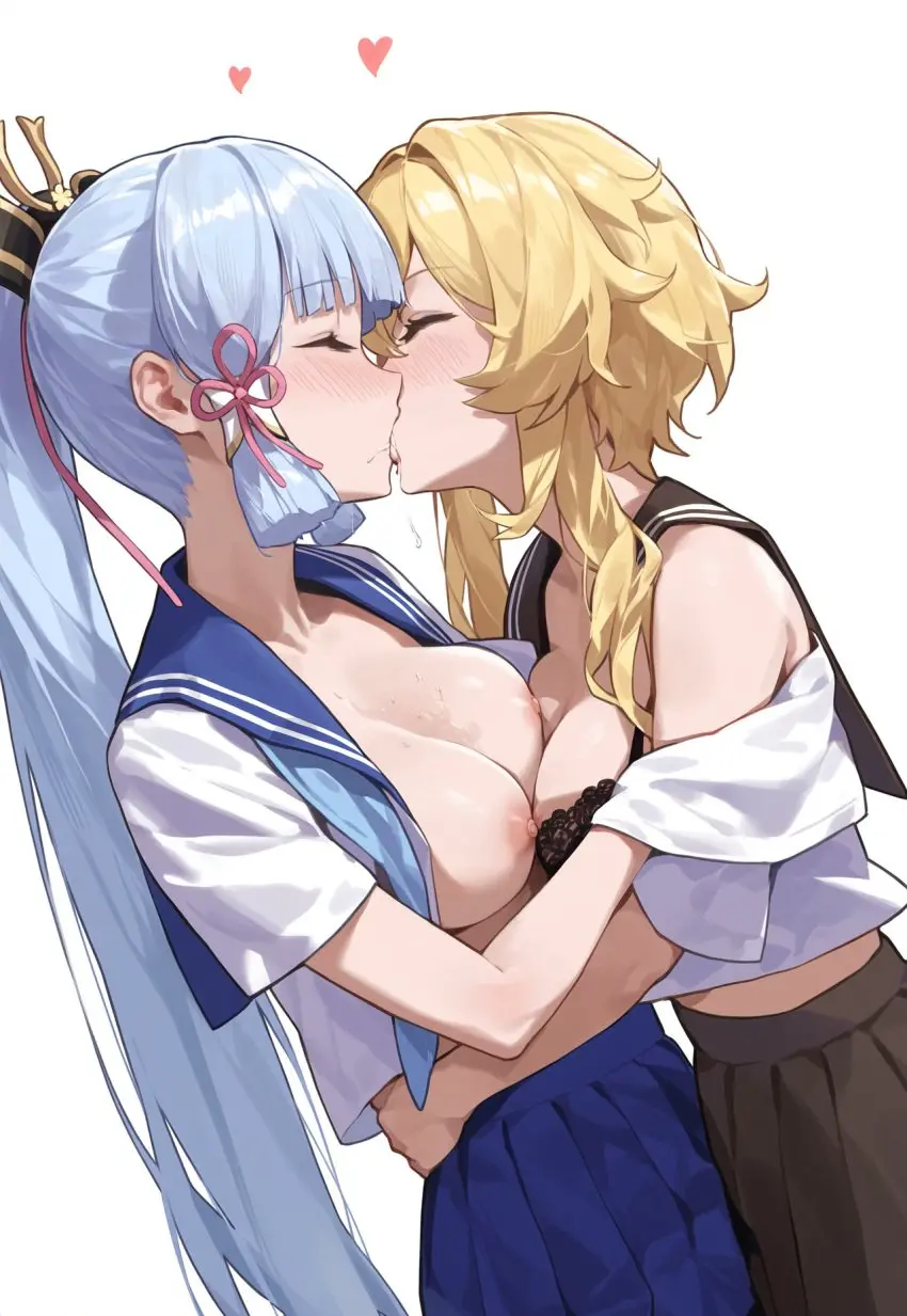 Image blush,breasts,female,female_only,nipples,2girls,bra,ponytail,ai_generated,blonde_hair,schoolgirl,stable_diffusion,nai_diffusion,school_uniform,closed_eyes,genshin_impact,saliva,skirt,yuri,heart,kissing,french_kiss,blushing,kamisato_ayaka,lumine_(genshin_impact)