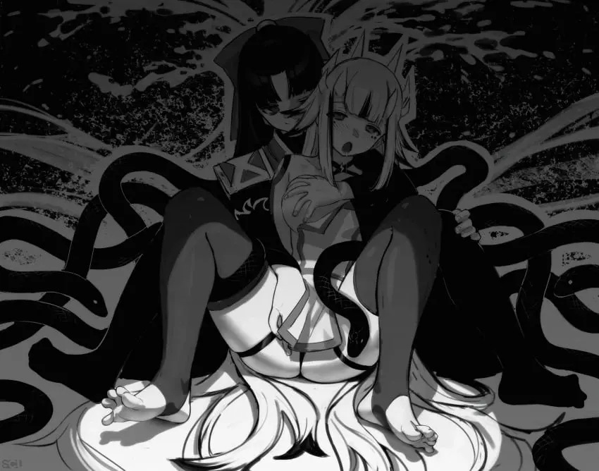 Image blush,bow,female,hairbow,highres,long_hair,open_mouth,parted_bangs,smile,very_long_hair,2girls,multiple_girls,sidelocks,thighhighs,ass,feet,shadow,spread_legs,character_request,saliva,monochrome,soles,closed_mouth,grabbing,grabbing_another's_breast,grabbing_from_behind,looking_at_another,yuri,full_body,saliva_trail,toes,one_breast_out,m_legs,greyscale,snake,toeless_legwear,implied_fingering,mato_seihei_no_slave,shikoku_(mato_seihei_no_slave),songchuan_li,kuusetsu