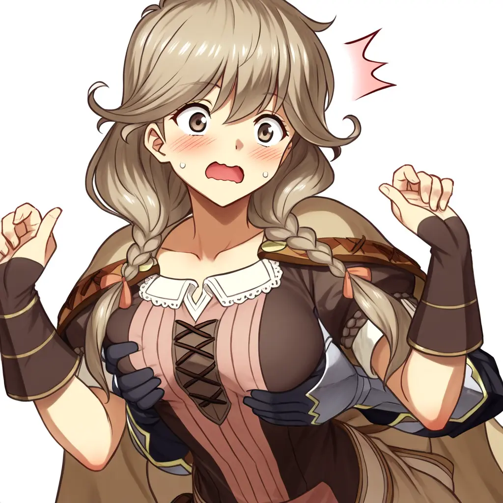 Image 1girls,blush,bow,breasts,brown_eyes,female,long_hair,open_mouth,simple_background,white_background,1boy,bangs,gloves,male,straight,sweat,embarrassed,ai_generated,collarbone,solo_focus,blonde_hair,medium_breasts,dress,hair_ribbon,brown_hair,sweatdrop,nintendo,braid,hair_between_eyes,cape,grabbing,grabbing_from_behind,short_sleeves,upper_body,light_brown_hair,ribbon,capelet,wavy_mouth,breast_grab,fire_emblem,surprised,groping,twin_braids,novelai,hands_up,w_arms,^^^,fire_emblem_echoes:_shadows_of_valentia,self-upload,faye_(fire_emblem)