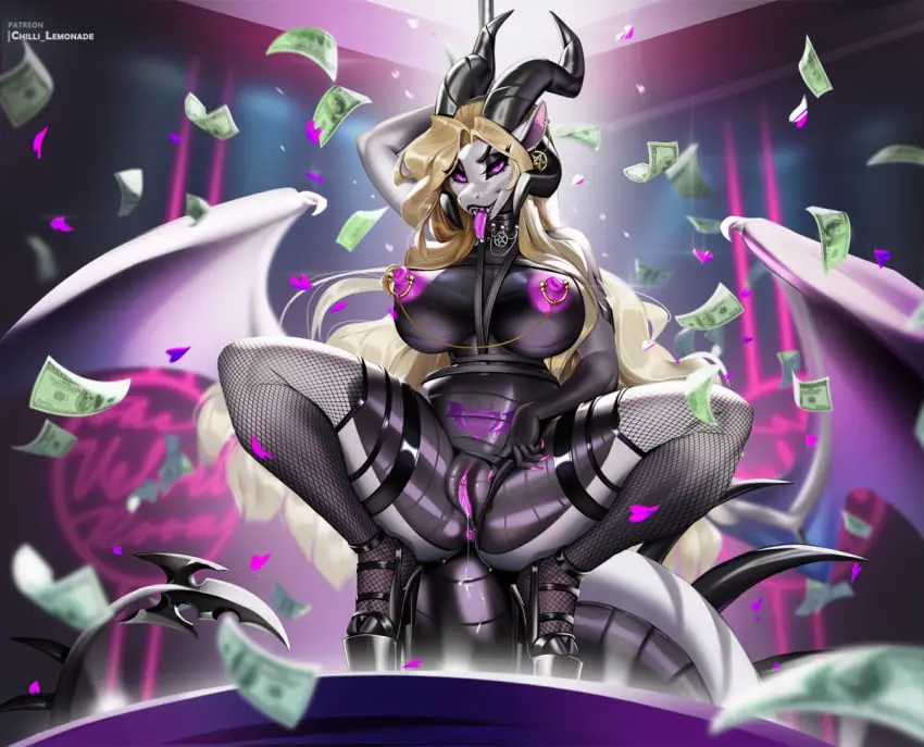 Image clothing,female,looking_at_viewer,nipples,solo,pussy,tongue_out,tongue,hair,wings,anthro,anus,blonde_hair,mythology,purple_eyes,genital_fluids,high_heels,platform_heels,bodily_fluids,footwear,genitals,black_body,horn,pubic_tattoo,eyeshadow,makeup,big_nipples,crouching,white_body,scales,scalie,white_scales,pussy_juice_drip,dripping,money,mythological_creature,dragon,mythological_scalie,vaginal_fluids,fishnet_clothing,black_scales,stripper,membrane_(anatomy),membranous_wings,harness,pole,purple_nipples,strip_club,dancing,pole_dancing,platform_footwear,belly_scales,banknote,purple_tongue,aomori,lilith_velvet_drakenheart