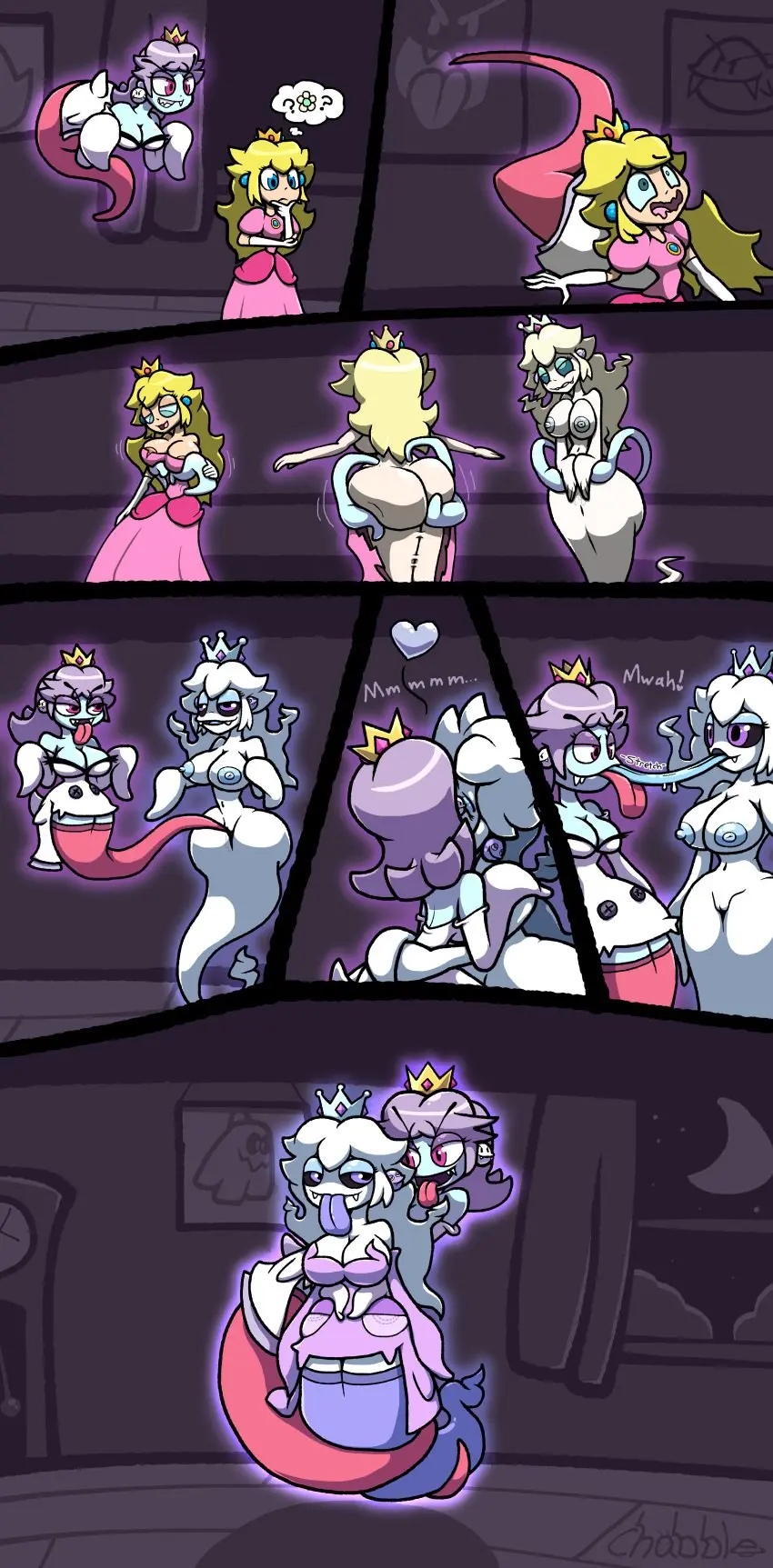 Image female,white_hair,2girls,multiple_girls,tongue_out,tongue,blonde_hair,purple_hair,boo_(mario),ghost,mario_(series),princess_daisy,comic,yuri,expansion,princess_peach,possession,transformation,glowing,floating,super_mario_bros.,corruption,ghost_girl,species_transformation,transformation_sequence,post_transformation,chabble,possessed,haunted_house,molding,transformation_through_possession